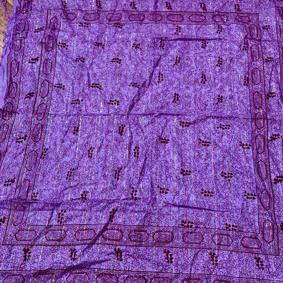 Purple Burgundy Square Scarf Floral Design Fringe & Metallic Rainbow Accents - Picture 5 of 6